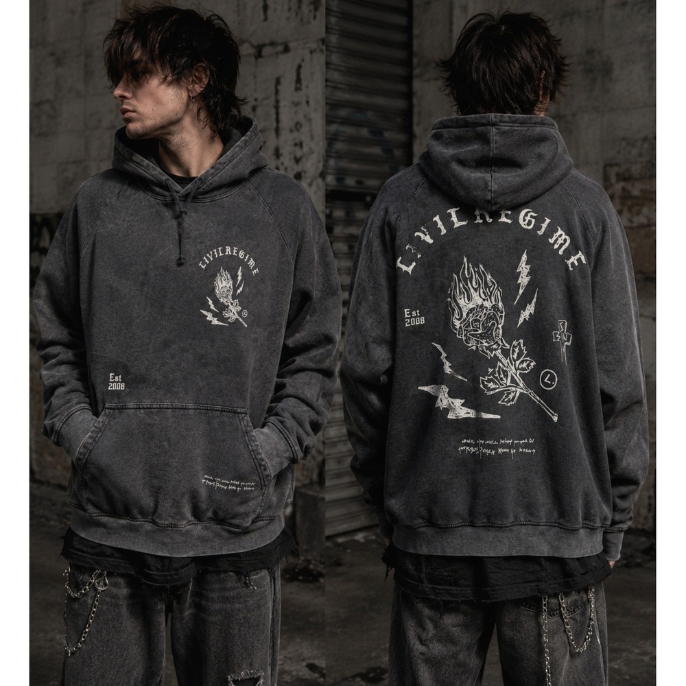 Civil Regime Hoodie Mens XL Charcoal Gray Acid Wash Graphic Rebel Youth Rose